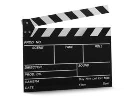 A studio shot of an open movie clap isolated against white background photo