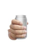 Man holding aluminum can with water droplets isolated on white background photo