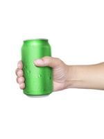 Man holding aluminum can with water droplets isolated on white background photo