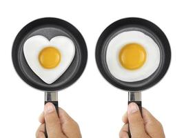 Fried egg on a pan isolated on white with shadow. Top view photo