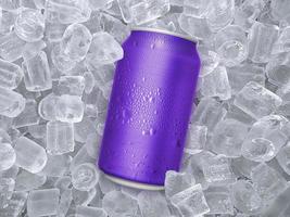 Can of cold beverage, ice cubea of juicy. Summer refreshing drink photo