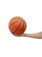 Hand and basketball isolated on white background photo