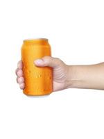 Man holding aluminum can with water droplets isolated on white background photo