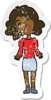 retro distressed sticker of a cartoon woman shrugging shoulders vector