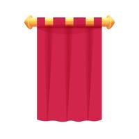 Red hanging medieval banner flag with cloth texture and golden decoration in cartoon style isolated on white background. Ui game asset, heraldic design element,. Vector illustration