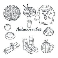lindo conjunto otoñal de garabatos acogedor otoño con velas, pastel, sinabon, canela, suéter, calcetines. vector