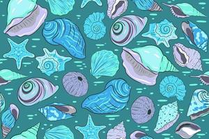 Seamless pattern with shells and starfish. Vector graphics.