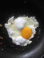 Close up view of the fried egg on a frying pan photo