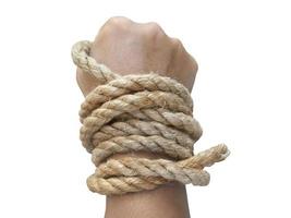 Man's hand holding on to the rope. On a white background photo