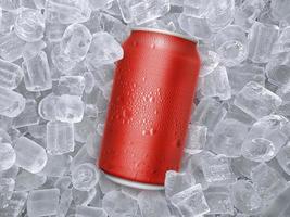 Can of cold beverage, ice cubea of juicy. Summer refreshing drink photo
