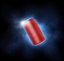 Red aluminum cans with water droplets. the drink quench thirst concept photo