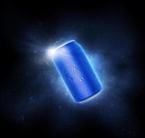 Blue aluminum cans with water droplets. the drink quench thirst concept photo
