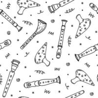 Flute seamless vector pattern. Hand drawn wooden, metal, bamboo musical instruments. Block flute, pipe, fife, ocarina, duduk. Tools for classical, folk music. Black outline on white background