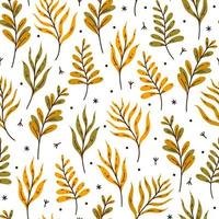 Bright autumn leaves on branches seamless vector pattern. Hand drawn sketch of wild forest, meadow, field plants. Flat cartoon herbs isolated on white background. Fall botanical illustration