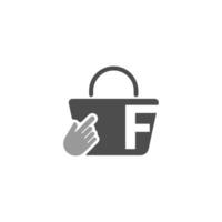 bolsa de compras en línea, cursor haga clic en el icono de la mano con la letra f vector