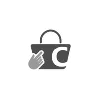 bolsa de compras en línea, cursor haga clic en el icono de la mano con la letra c vector