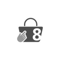 bolsa de compras en línea, cursor haga clic en el icono de la mano con el número 8 vector