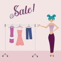 venta de moda o letrero con caricatura femenina frente al estante de ventas vector