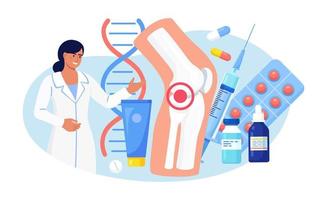 artritis de la articulación de la rodilla. paciente que sufre de dolor en las articulaciones. el médico trata el reumatismo, la osteoartritis, la artritis reumatoide. examen medico vector