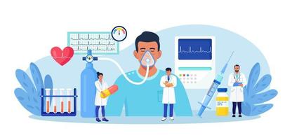 Anesthesia. Doctor anesthesiologist performing inhalation and epidural anesthesia. Patient with anesthetic oxygen mask sleeping in intensive care unit. Emergency, first aid. Preparing man for surgery vector