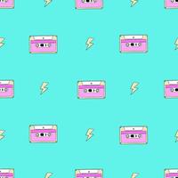 Seamless pattern of vintage music cassette tapes and lightning. Stereo audiocassette vector background. Illustration of audio tapes in retro style