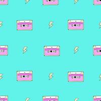 Seamless pattern of vintage music cassette tapes and lightning. Stereo audiocassette vector background. Illustration of audio tapes in retro style