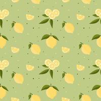 Vector seamless pattern with lemons and leaves. On a green background