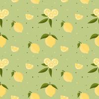 Vector seamless pattern with lemons and leaves. On a green background