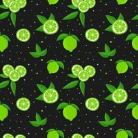 Lime with green leaves, citrus slice on black background. Seamless pattern tropical pattern vector