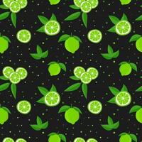 Lime with green leaves, citrus slice on black background. Seamless pattern tropical pattern vector