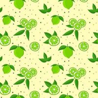 Lime with green leaves, a slice of citrus fruits on a yellow background. Seamless tropical pattern vector