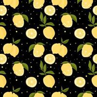 Vector seamless pattern with lemons and leaves. On a black background