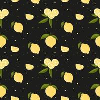 Vector seamless pattern with lemons and leaves. On a black background