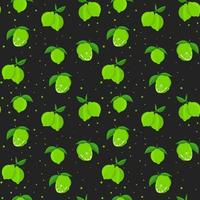 Lime with green leaves, citrus slice on black background. Seamless pattern tropical pattern vector