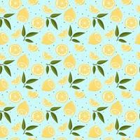 Vector seamless pattern with lemons and leaves. On a blue background