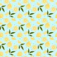 Vector seamless pattern with lemons and leaves. On a blue background