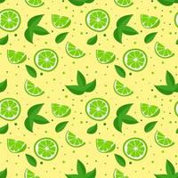 Lime with green leaves, a slice of citrus fruits on a yellow background. Seamless  tropical pattern vector