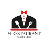 Letter M logo illustration Restaurant, ready-to-eat food, waiter, spoon, fork. vector design for websites, apps.