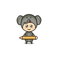 illustration of cute mascot elephant character who is smiling holding a pencil. vector