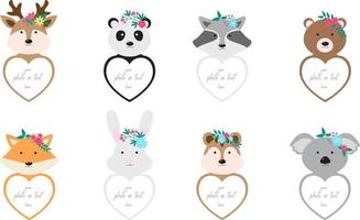 Decorative head animal vector template frames. Deer, panda, raccoon, bear, fox, hare, chipmunk, koala. Those photo frames you can use for kids picture, funny photos, notes, card and memories.