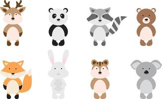 A large set of isolated animals. Vector collection of funny animals. Cute animals in cartoon style. Deer, panda, raccoon, bear, fox, hare, chipmunk, koala