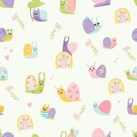 Seamless pattern with cute snails. Decorative insects happy clams with hearts, rainbow and cocktail on a white background. Vector illustration. For design, decor, wallpaper, textile