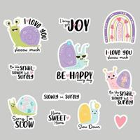 Set of stickers with cute snails, rainbow and funny phrases about love and slowness and insect molluscs. Vector illustration. Isolated elements for design, decor, printing and decoration.