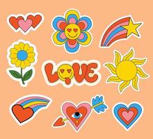 Nostalgia 70s stickers, badges, isolated groovy elements, emoticons and slogan Love in groovy style with in smile face, flowers, sun and rainbow heart. Vector clipart 60s, 70s, 80s vibes