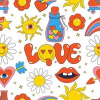 Retro Seamless pattern with 70s, 80s, 90s vibes groovy elements. Stickers nostalgia Love, cartoon funky daisy flowers, sun, roller skates, broken heart, lips. Vector illustration.
