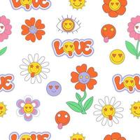 Retro Seamless vector pattern with 70s, 80s, 90s vibes groovy elements. Stickers lettering Love, cartoon funky flower power, daisy flowers, face. Vector illustration.