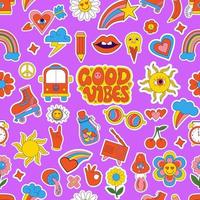Retro Seamless vector pattern with vibes groovy elements. Nostalgia stickers things, radio commercials, bus, lettering Good vibes, cartoon funky flower power on purple background. Vector illustration.