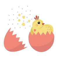 huevo de pascua roto con un pollito, ilustración vector