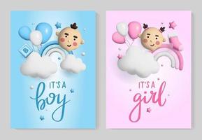 espacio 3d de la fiesta de bienvenida al bebé. cartel de banner en baby shower en estilo render. rotulación es un niño es una niña. vector en estilo 3 d.