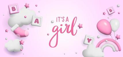 Baby shower 3d space. Banner poster on Baby shower in render style. Lettering it's a girl. Vector  in 3 d style.